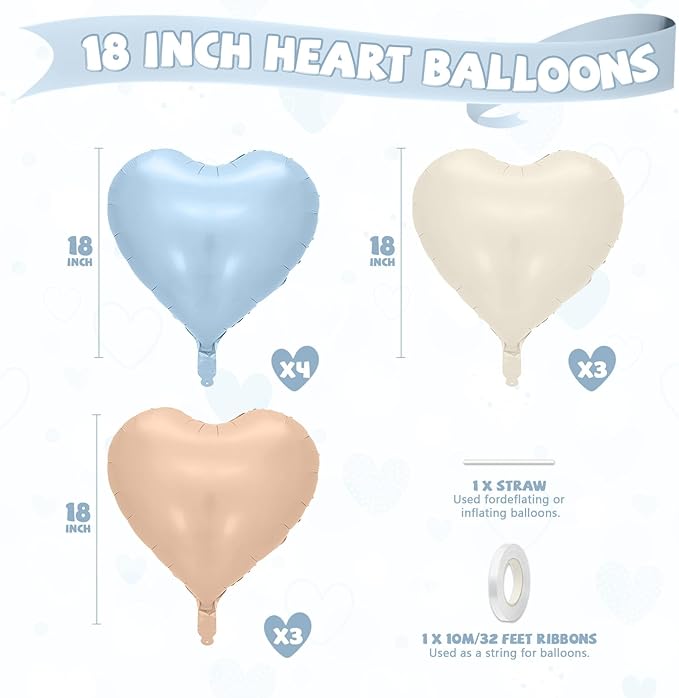 Baby Blue Heart Balloons, 10 Pcs Light Blue White Heart Shaped Balloon, 18 Inch Apricot Cream Sand White Nude Foil Balloons for Engagement Brithday Baby Shower Wedding Valentines Party Decoration