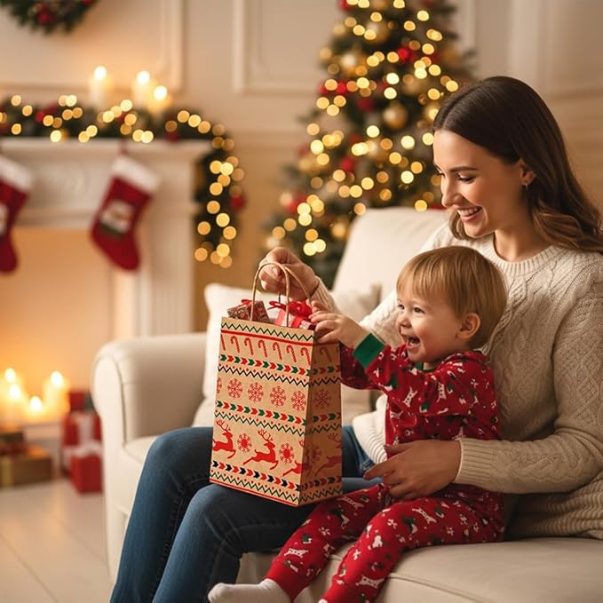 EUBUY 24 PCS Christmas Kraft Gift Bags for Present Wrapping, 5.91"x3.15"x8.27" Christmas Kraft Gift Bags with Handles for Holiday Party Favors and Decor Supplies