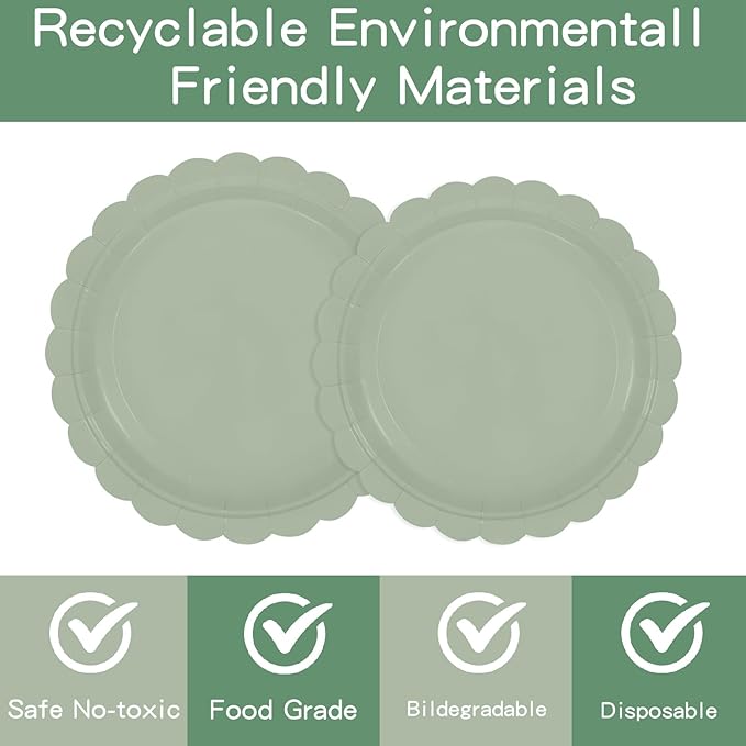 140Pcs Sage Green Paper Plates and Napkins, Sage Green Party Supplies Include Green Scalloped Plate Paper Napkin Cup Plastic Cutlery for Baby Shower, Wedding, Birthday