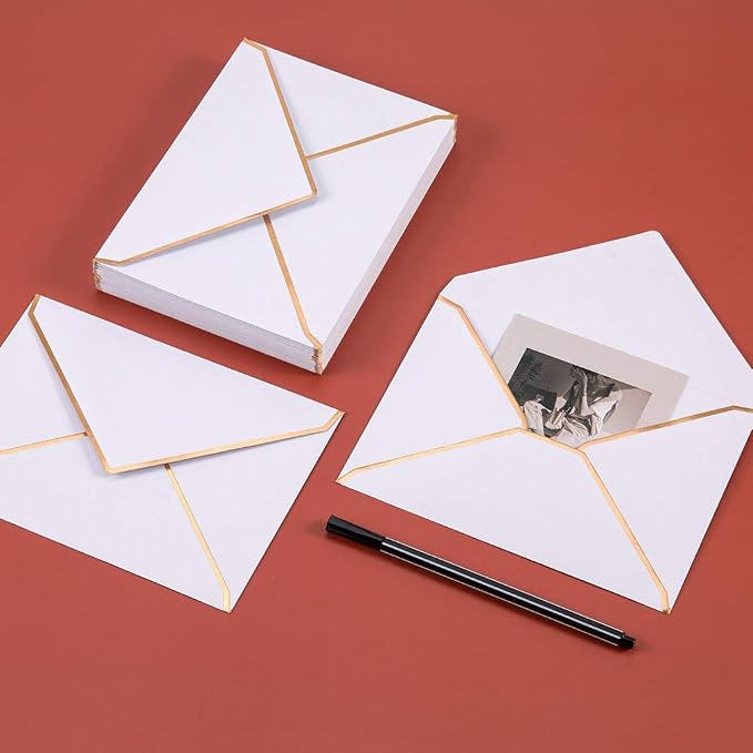 100 Pack White A7 Envelopes 5 x 7 Card Envelopes V Flap with Gold Border for Office, Wedding Gift Cards, Invitations, Graduation, Baby Shower, Parties (5.32 x 7.28 Inches, White)