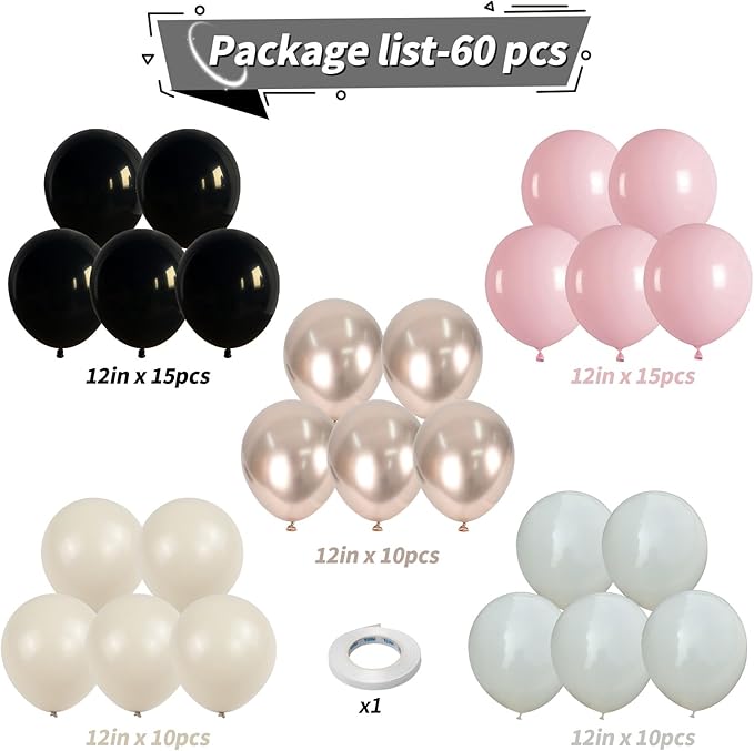 60 PCS Black and Pink Balloons, Retro Dusty Pink Ivory Sand White Black Latex Balloons with Metallic Champagne Gold Boho Party Balloon for Women Girls Birthday Baby Shower Wedding Party Decorations