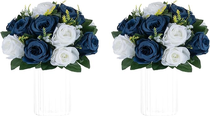 NUPTIO Artificial Flower Centrepieces for Tables - 2 Pcs 9.5in Diameter Navy Blue & White Fake Flowers Roses Balls - Silk Faux Rose Arrangement for Wedding Party Centerpiece Table Decorations