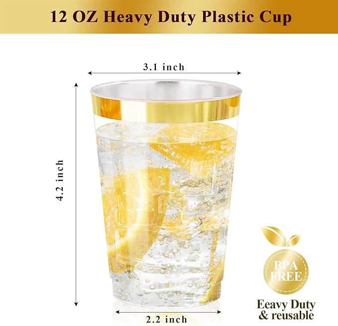 Ciaell 120PCS Gold Plastic Cups - 12Oz Heavy Duty Plastic Cup - Disposable Gold Rimmed Cups - Premium Gold Rim Cup Perfect for Wedding & Party & Thanksgiving