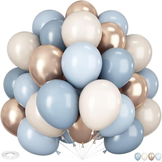 Dusty Blue and Gold Balloons, 60 PCS 12 Inch Slate Fog Pastel Baby Blue Sand White and Gold Balloons for Baby Boy Shower Bridal Shower Birthday Wedding Party Decorations