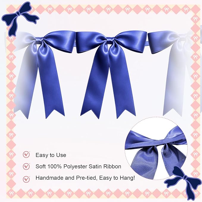 1 String of 8PCS Navy Blue Bow Garland Banner Decoration,Pre-Strung Satin Ribbon Ornaments for Birthday,Bachelorette Party,Bridal Shower,Wedding,Engagement,Baby Shower,Graduation Decor,Anniversary