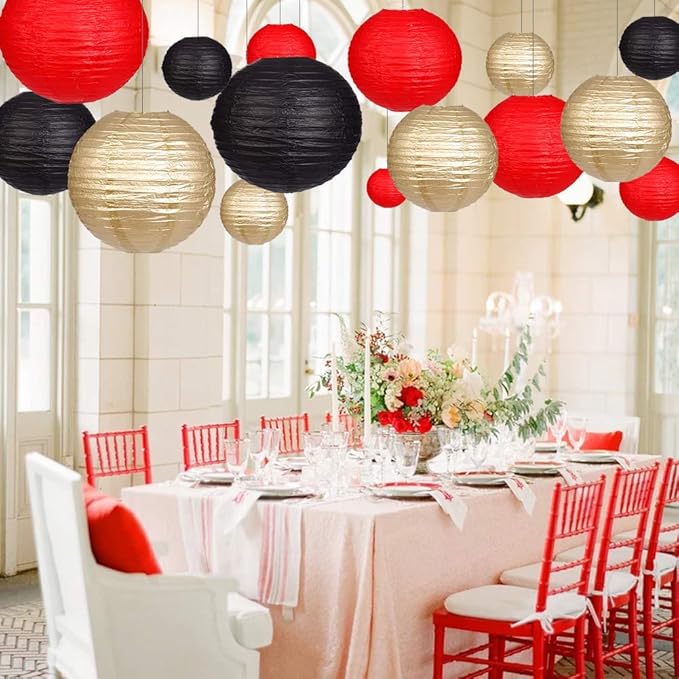 Paper Lanterns Decorative, Round Hanging Paper Lanterns Decorations for Wedding Graduation Anniversary Birthday Party Supplies Black/Gold/Red 15pcs