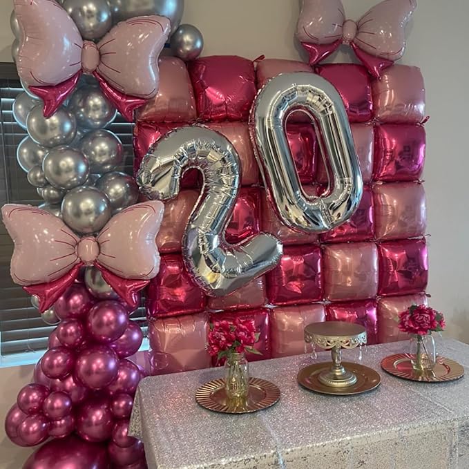 Hot Pink Square Balloons Wall, 10 PCS Magenta Foil Balloons Wall Double Sided Pink Balloon Wall Backdrop for Girls Bachelorette Birthday Bridal Shower Princess Party Decorations