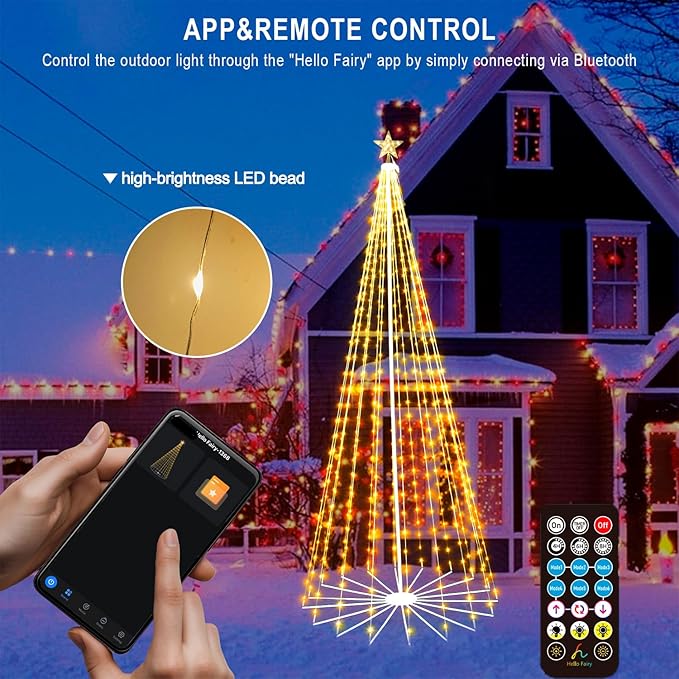 9FT 444LEDS Outdoor Christmas Tree Lights, Smart Cone Tall Pop Up with Star, Timer, Waterproof, APP & Remote, Music Sync, Multicolor/WarmWhite, Outside Xmas Yard Porch Decor