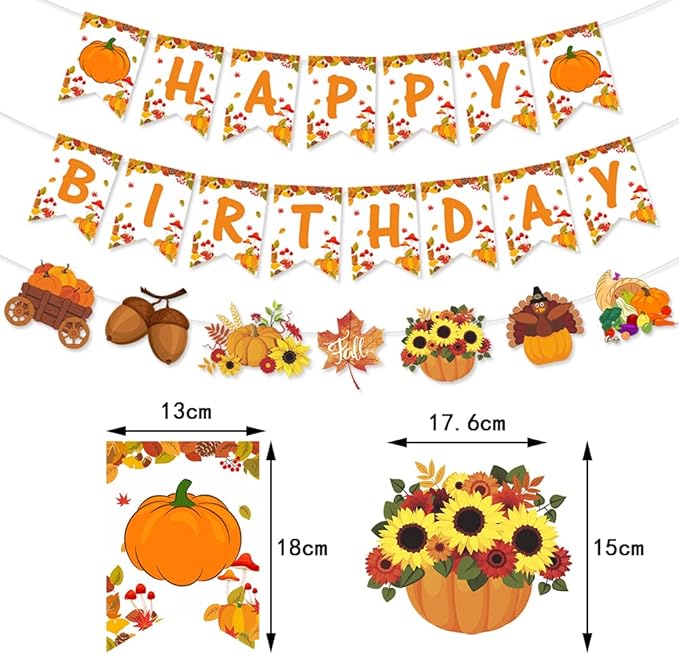 Autumn Birthday Party Decorations,Pumpkin Maple Sunflower Turkey Harvest Farm party supplies Favors,Fall Happy Birthday Banner,Thanksgiving Party Banner,Autumn Party Cake Topper