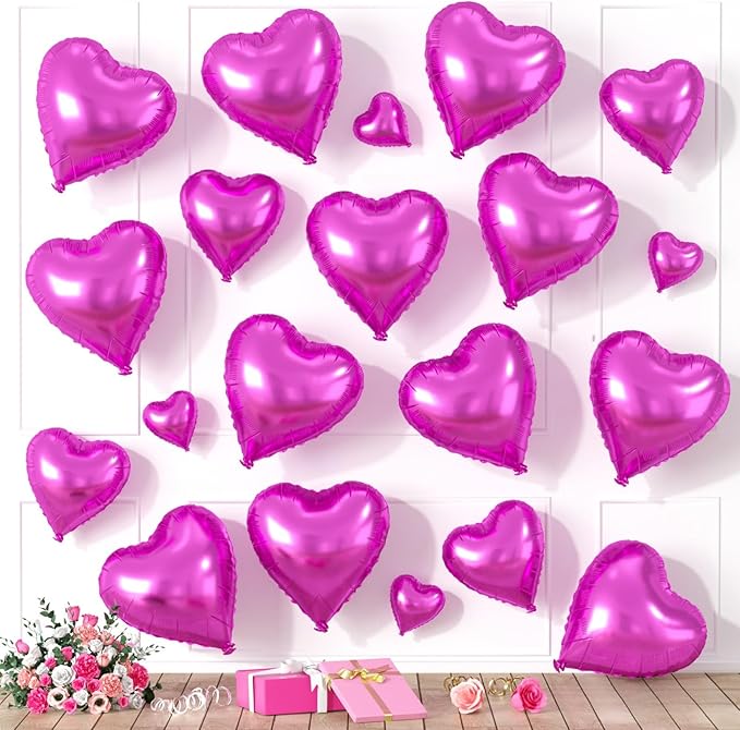 Hot Pink Heart Balloons, Heart Shaped Ballons, 20 Pcs 5/10/18 inch Hot Pink Foil Love Balloons for Valentine's Day Decorations Wedding Engagement Bridal Showers Anniversary Celebrations