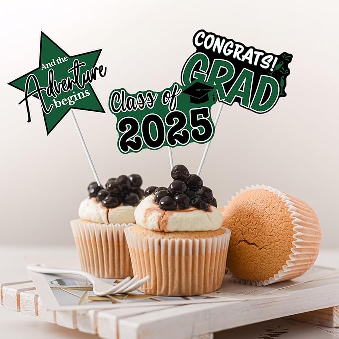 2025 Graduation Cupcake Toppers - 48 Pcs Green Graduation Party Supplies Mini Cake Food/Appetizer Picks For Class of 2025 Grad Decorations