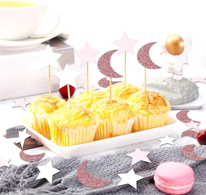 Rose-Gold Pink-White Moon Star Confetti - 300pcs Glitter Twinkle Little Star Table Confetti Eid Ramadan Mubarak Decoration Birthday Wedding Baby Bridal Shower Party Decor Lasting Surprise