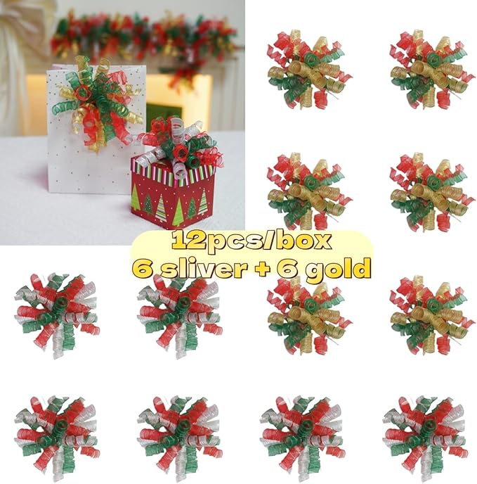12PCS Gold Curly Ribbon Bows Gift Wrapping self-Adhesive Thanksgiving, Christmas, New Year, Birthday, Presents, Treat Bags, Crafts, Wine Bottles Baskets Shower Favors, Wedding Decor (red green silver)