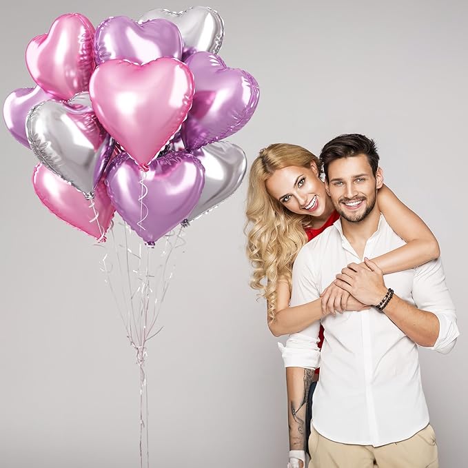 Pink Purple Foil Heart Balloons, 18 Inch 12Pcs Lavender Purple Pink and Silver Heart Shape Foil Balloons, Light Violet Purple Helium Balloon for Girls Women Birthday Wedding Valentines Butterfly Party