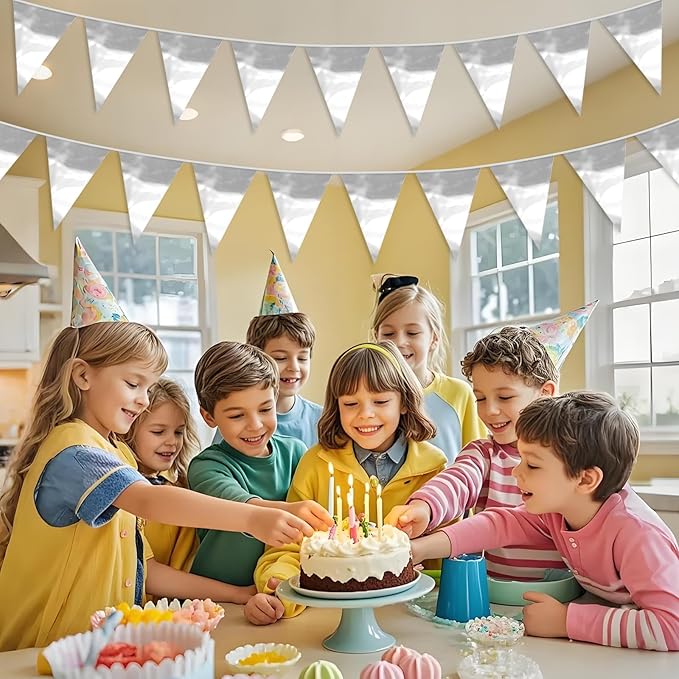 65FT Silver Glitter Triangle Pennant Banner Flag Metallic Bunting Fabric Garland for Christmas Graduation Wedding Engagement Anniversary Bachelorette Birthday Bridal Shower Valentine's Party Supplies