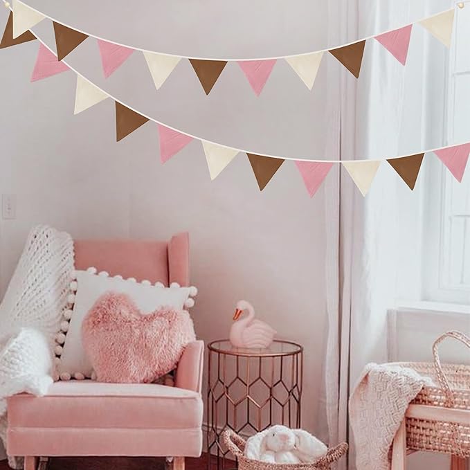 2 Sets of Brown Dusty Pink Beige Nursery Garland 24Pcs Linen Fabric Baby Banner Triangle Pennant Flags Streamers for Kids Girls Birthday Boho Baby Shower Party Decorations Baby Bedroom Nursery Decor