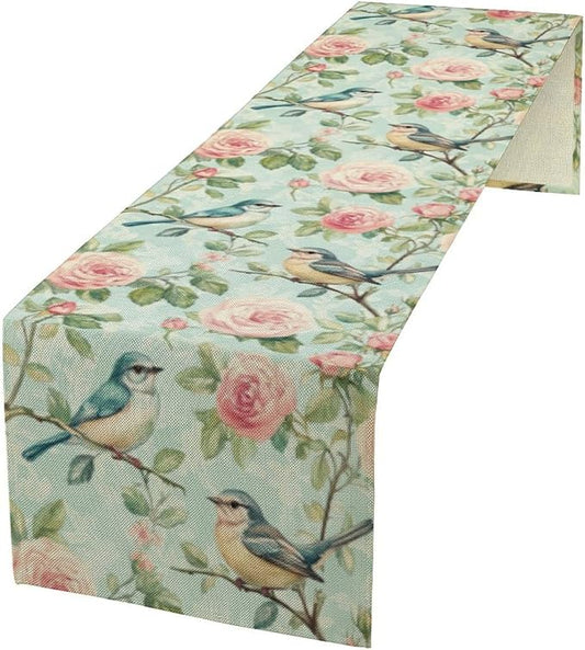 Spring Bird Floral Table Runner,Birds Table Runner Burlap Table Decoration for Seasonal Home Kitchen Dining Dinner Indoor Holiday Farmhouse Decor 13x70 in