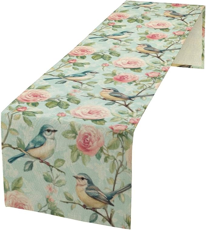 Spring Bird Floral Table Runner,Birds Table Runner Burlap Table Decoration for Seasonal Home Kitchen Dining Dinner Indoor Holiday Farmhouse Decor 13x108 in