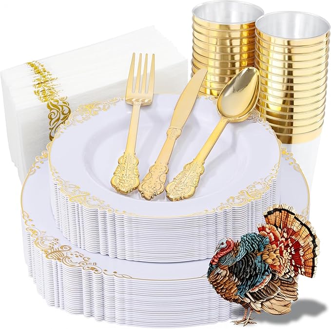 Nervure 175PCS White and Gold Plastic Plates - Disposable Dinnerware Set Include 50 Gold Plates for Dinner and Dessert, 75 Cutlery, 25Cups 25Napkins for Wedding & Party & Thanksgiving