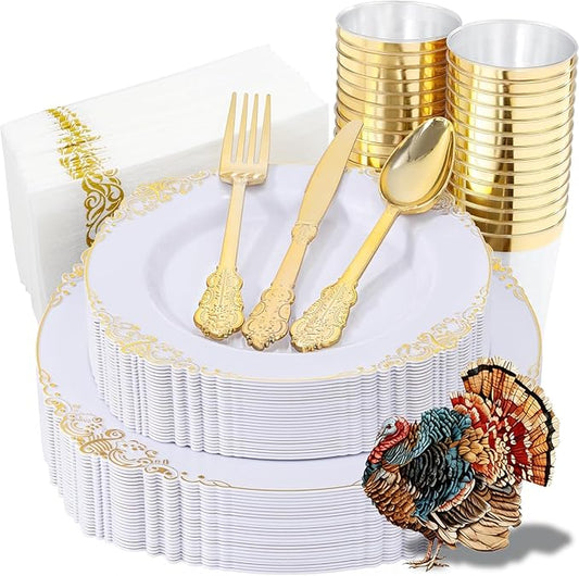Nervure 175PCS White and Gold Plastic Plates - Disposable Dinnerware Set Include 50 Gold Plates for Dinner and Dessert, 75 Cutlery, 25Cups 25Napkins for Wedding & Party & Thanksgiving