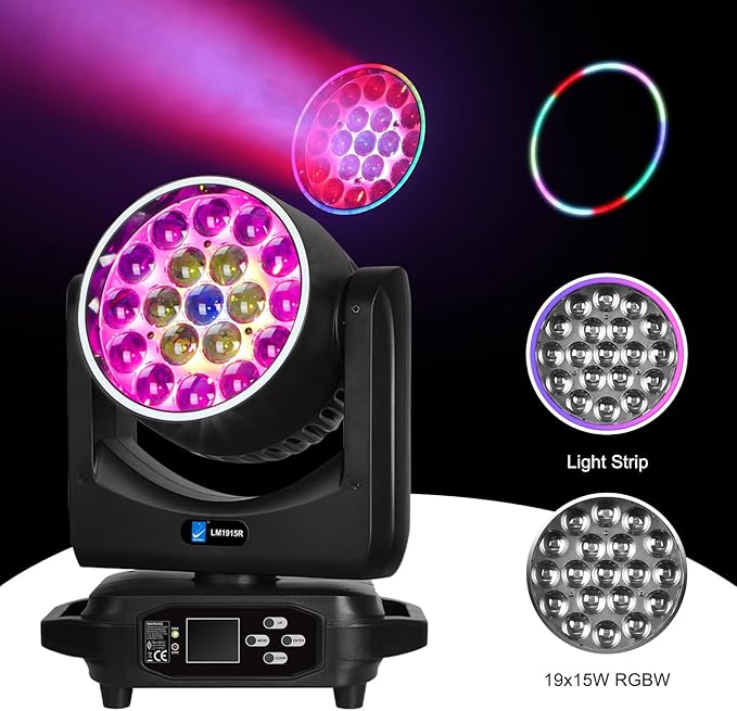 Big Dipper LED Moving Head Lights 19X15W Stage Lighting with Zoom/Wash/Beam Lights, RGBW Uplight Moving Head Light with RDM & DMX Moving Head DJ Light for Nightclub Professional Event Bars(2 Pack)
