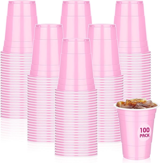 Dualshine 100 Pack 16 oz Pink Plastic Cups, Disposable Plastic Party Cups, Heavy Duty Drinking Water Cup for Wedding Birthday Graduation Valentine's Day Christmas Baby Shower Picnic Barbecues Supplies