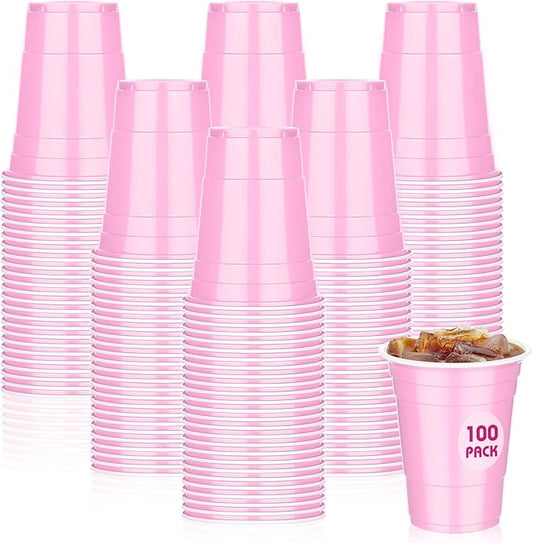Dualshine 100 Pack 16 oz Pink Plastic Cups, Disposable Plastic Party Cups, Heavy Duty Drinking Water Cup for Wedding Birthday Graduation Valentine's Day Christmas Baby Shower Picnic Barbecues Supplies
