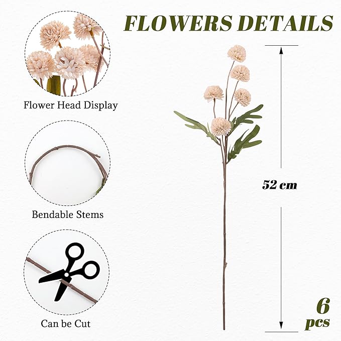 SITUMEIZI Beige Mum Artificial Flowers Beige Faux Silk Mums Mini Chrysanthemum Flowers with Floral Stems 6Pcs for Wedding Centerpieces Decor