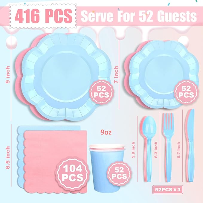 416 Pcs Pink And Blue Party Supplies - For 52 Guests Paper Plates And Napkins Knives Spoons Forks Cups - Disposable Big Scalloped Dinner Party Set Cutlery - For Baby Shower Bridal Shower Wedding
