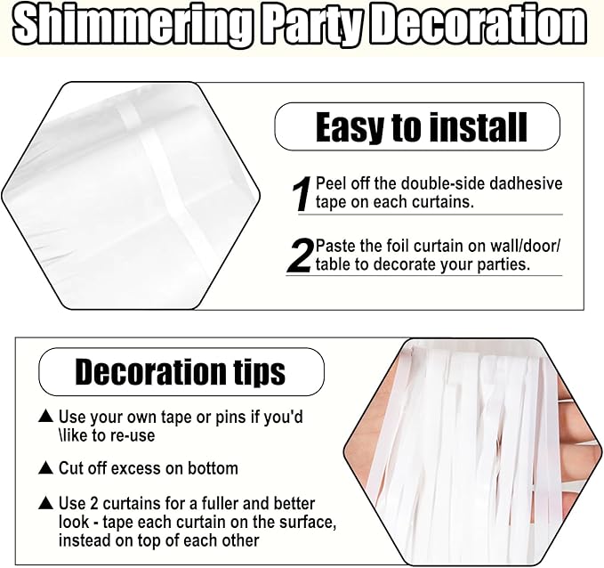 3 Pack White Foil Fringe Curtain Backdrop, 3.28Ft x 8.2Ft Metallic Tinsel Foil Fringe Streamer Curtains for Photo Booth, Mother's Day, Easter, Birthday, Wedding Party Decorations