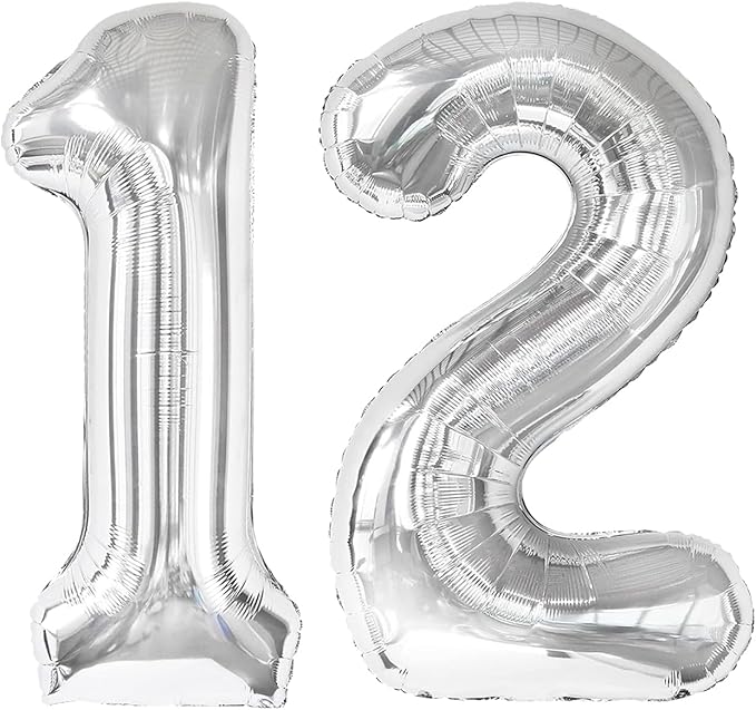 Silver Number 12 Balloon 40 Inch, 12th Birthday Party Decorations for Children, Giant 12 Foil Balloon for Party Supplies
