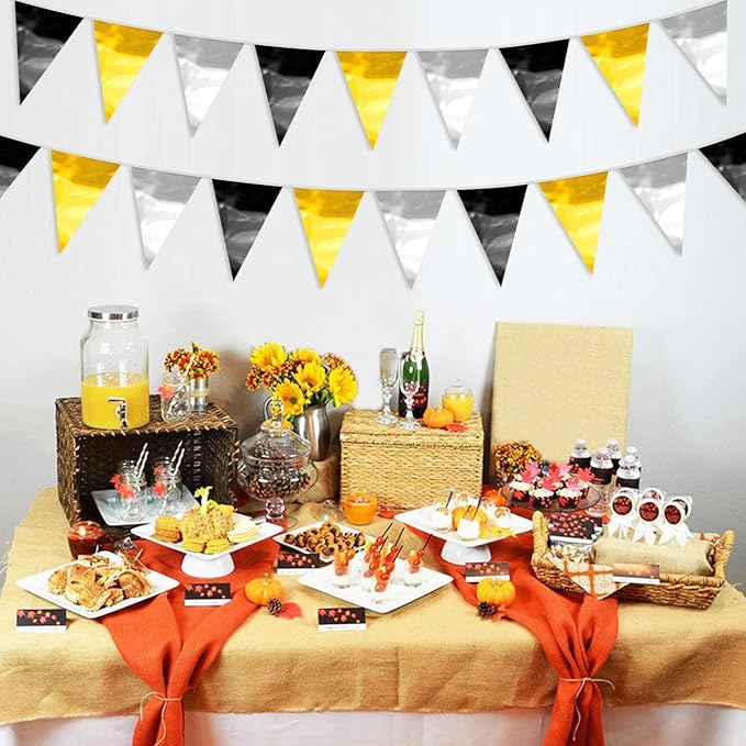 65FT Black Gold Silver Glitter Triangle Pennant Banner Flag Metallic Bunting Fabric Garland for Christmas Wall Hanging,Graduation, New Years Decorations,Father' Da Decorations Party Supplies