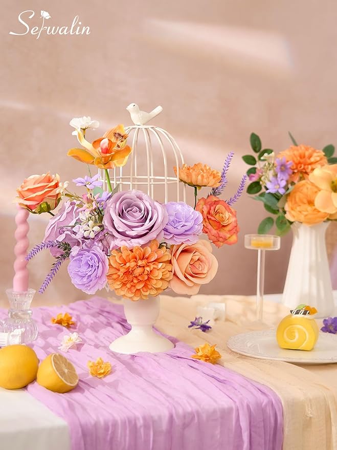 Serwalin Artificial Orange & Purple Flowers, Silk Fake Flowers Stems for Wedding Bouquets DIY, Baby Shower Centerpieces, Cake Decor, Birthday Party & Home Decor