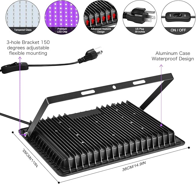 2 Pack 300W LED Black Lights Outdoor, Flood Blacklight Light with Plug, 395nm to 410nm IP66 Waterproof for Dance Party, Glow in The Dark, Stage Lighting, Body Paint, Fluorescent Poster, Neon Glow