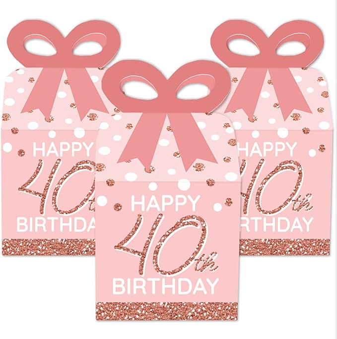 Big Dot of Happiness 40th Pink Rose Gold Birthday - Square Favor Gift Boxes - Happy Birthday Party Bow Boxes - Set of 12