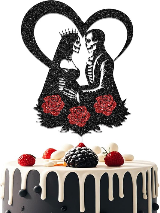 Halloween Bride or Die Engagement Wedding Cake Topper, Halloween Wedding Decorations, Skull Silhouette Cake Topper Party Decorations Supplies Black & Red
