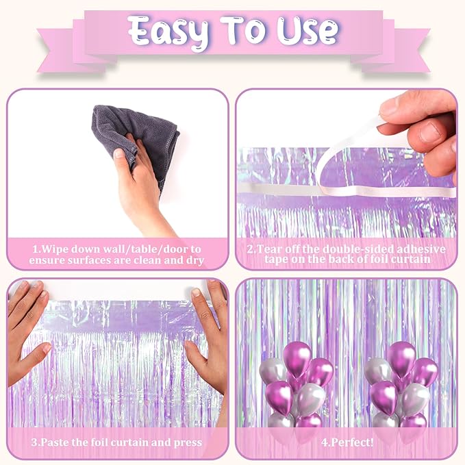 2 Pack Iridescent Purple Foil Fringe Curtains, Glittering Tinsel Streamers Party Decorations,Mermaid Fringe Backdrop for Gir's Birthday, Bachelorette, Baby Shower Theme Party