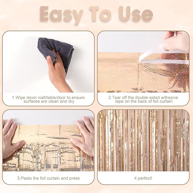 2 Pack Champagne Gold Tinsel Foil Fringe Curtains, Champagne Party Decorations, Metallic Tinsel Party Streamers Backdrop for Birthday Baby Shower Graduation Wedding Party Decorations