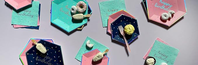 Harlow & Grey Sprinkles Party Plates and Napkins Set, 60-pc Bright Happy Birthday Kit, Multi- Color Pack w/ Pink, Teal, Navy Blue Disposable Paper Dinnerware Supplies for Kids, Adult Parties