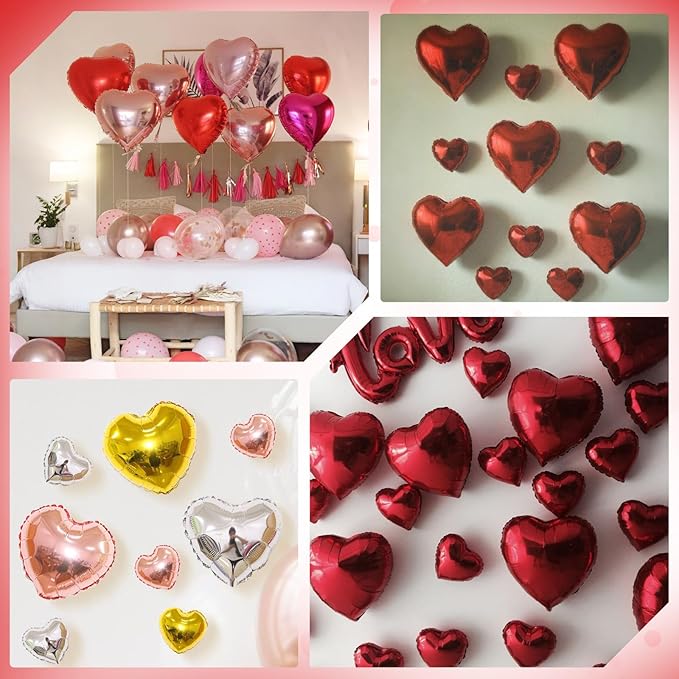 Red Silver Heart Balloons, Heart Shaped Ballons, 20 Pcs 5/10/18 inch Red Silver Foil Love Balloons for Valentine's Day Decorations Wedding Engagement Bridal Showers Anniversary Celebrations