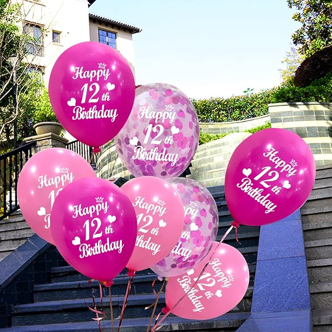 Jonhamwelbor 12th Birthday Latex Balloons Confetti Balloon Pink and Hot Pink Sweet 12th Party Decorations 30 Pack 12 Inch Helium Printed 12 Number With Happy Birthday Balloon for Girl