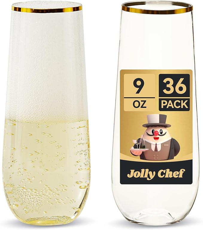 JOLLY CHEF 36 Pack 9 Oz Plastic Champagne Flutes, Gold Stemless Plastic Toasting Glasses| Shatterproof | Heavy Duty | Plastic Disposable Unbreakable Drinkware for Wedding, Party, Thanskgiving