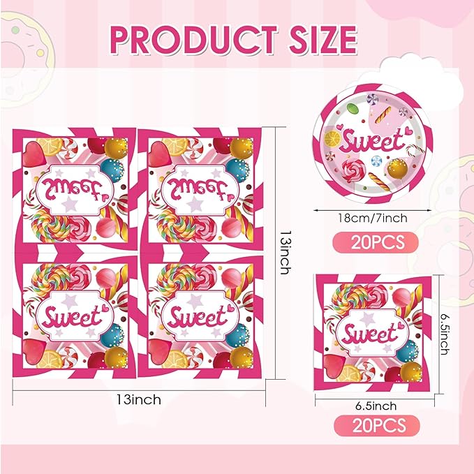 40 Pcs CandyLand Party Decorations Sweet Candy Theme Birthday Party Decorations Disposable Dessert Candy Tableware Paper Plates Napkins for Birthday Baby Shower Sweet Shop Decor