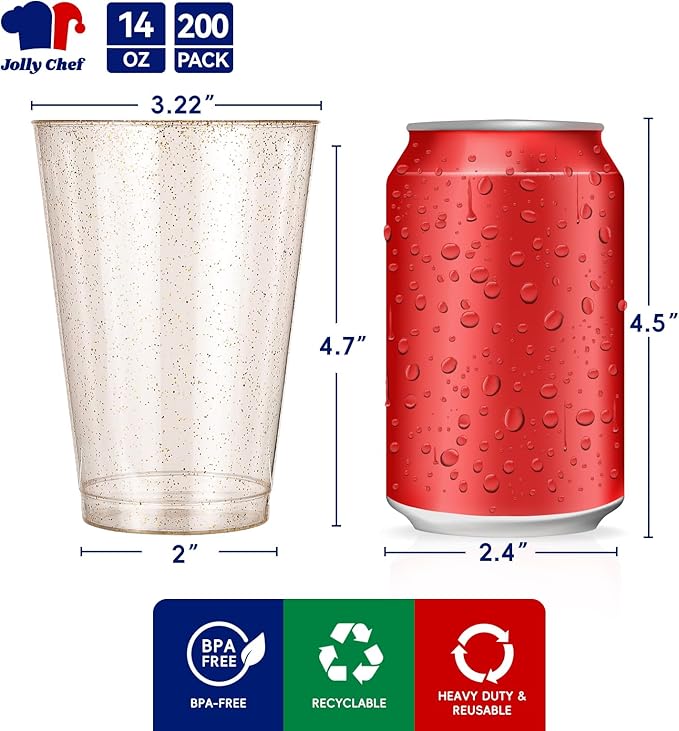 JOLLY CHEF 14 oz 200 Pack Gold Plastic Cups, Gold Glitter Heavy-Duty Disposable Cups Party Cups Tumblers, Ideal for Thanksgiving Wedding & Party