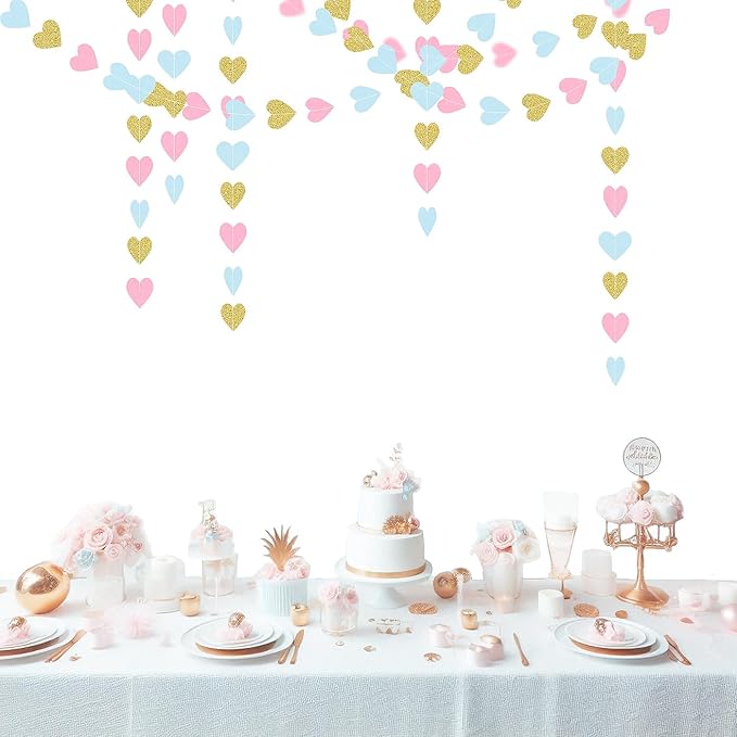 Blue Pink Gold Party-Decorations Gender-Reveal - 52Ft Paper Heart Streamers Garland Banner Hanging Decor Birthday Ideas Event Party Supplies