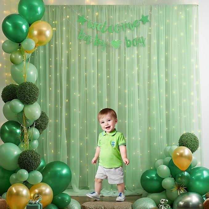 10ft x 8ft Green Backdrop Curtain with Lights String for Parties, Sheer Tulle Wedding Photo Backdrops Drapes for Baby Shower Birthday Party Decorations Background for Photography