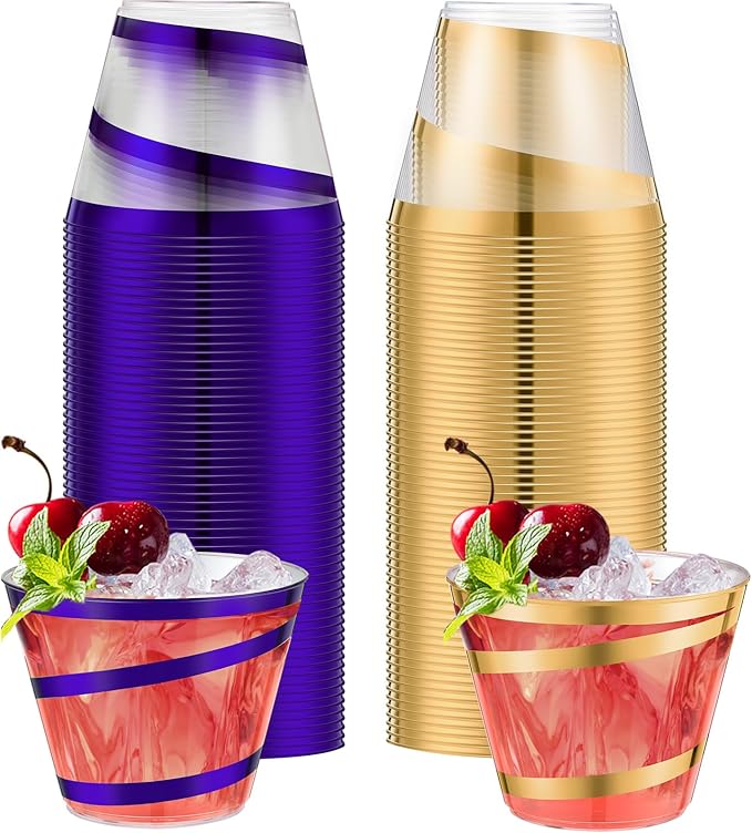 Gejoy 9 oz Rimmed Swirl Plastic Cups Disposable Wine Drinking Cups Clear Elegant Halloween Tumblers for Christmas Party Supplies(Purple, Gold,100 Pcs)