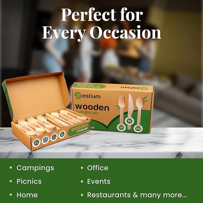 300 Pcs Disposable Wooden Cutlery Set (150 Forks, 50 Knives, 100 Spoons) – Eco Pack, Wooden Premium Cutlery Utensils for Sustainable Living, Perfect for Picnics & Everyday Use by Zestium