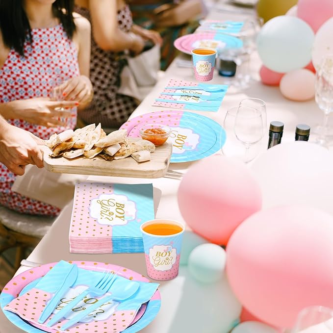 Pickmesh 400 Pcs Gender Reveal Party Supplies Include Boy or Girl Disposable Paper Plates Napkins Cups Cutlery Blue and Pink Gender Reveal Tableware Set for Baby Shower Party Decorations Serve 50