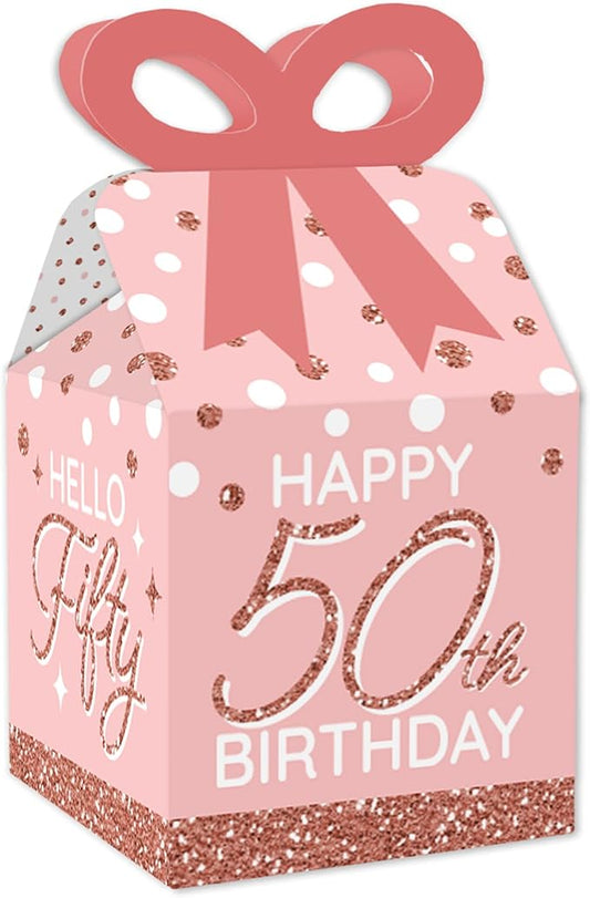 Big Dot of Happiness 50th Pink Rose Gold Birthday - Square Favor Gift Boxes - Happy Birthday Party Bow Boxes - Set of 12